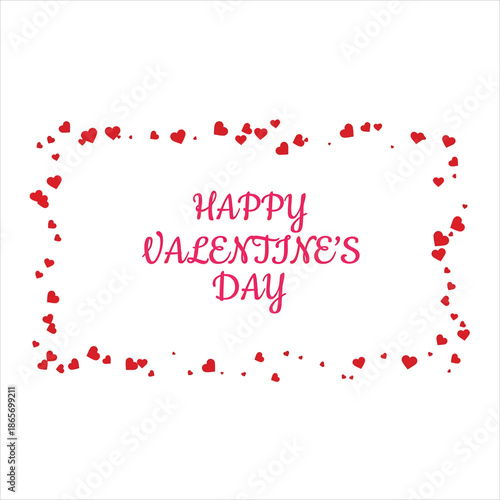 Bright white greeting card with Happy Valentines Day text surrounded by a frame of tiny red hearts