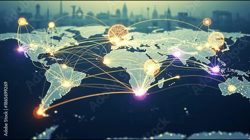 Global network connections with bright lights over a world map