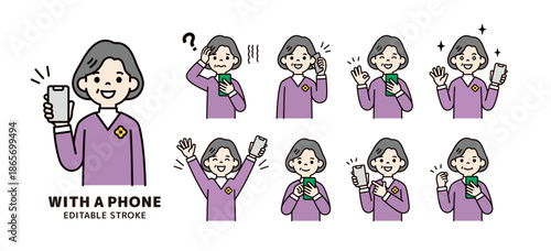 スマートフォンを持つ中高年女性の様々な表情・ポーズセット＿ベクターイラスト素材＿カラー