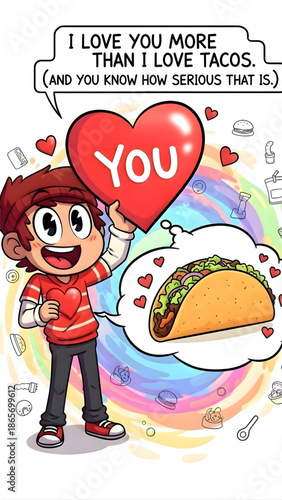 Whimsical Heartfelt Taco Declaration: A cartoon character joyfully declares a love exceeding that for tacos, conveying affection with a heart, and illustrating food imagery