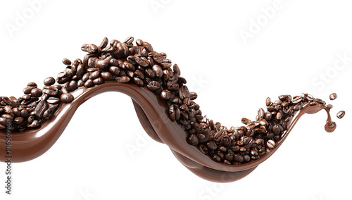 Coffee beans flow amidst brown liquid