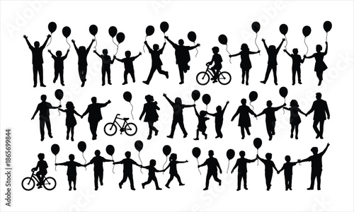 Many black silhouette figures of children and adults holding balloons and riding bicycles on a white surface