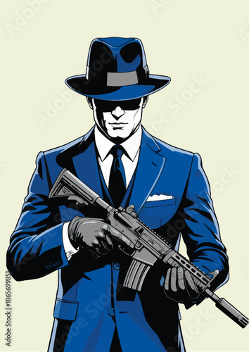 059-01-Mysterious man in a blue suit and fedora holding a rifle, representing a spy or hitman