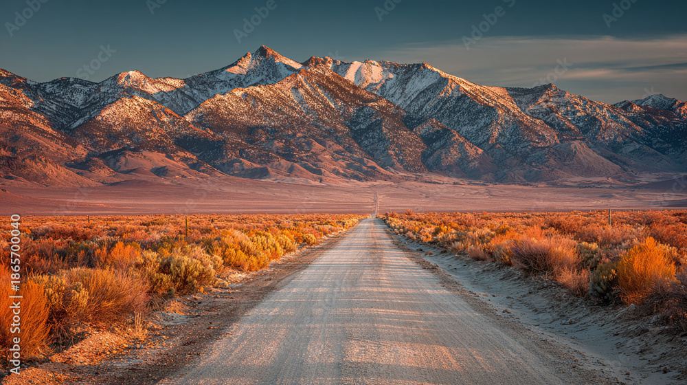 Fototapeta premium A majestic mountain range with a long road. The sun paints the peaks in hues of gold and orange as a long road disappears into the distance.