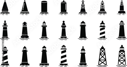 Buoys and lighthouses maritime aids to navigation vector illustration silhouette set. 