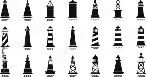 Buoys and lighthouses maritime aids to navigation vector illustration silhouette set. 