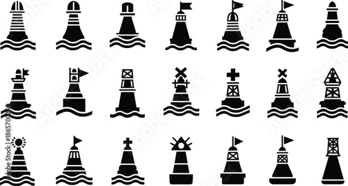 Buoys and lighthouses maritime aids to navigation vector illustration silhouette set. 