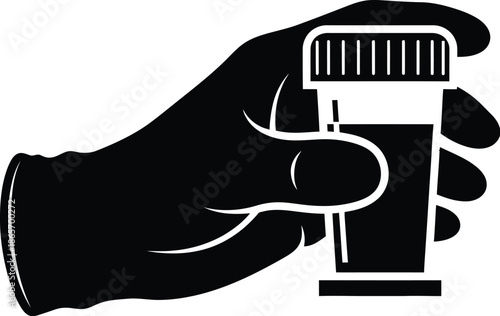 Urine samples for urinalysis medical test. Medical glove holding a plastic container filled with a yellow liquid, blood samples vector illustration silhouette. 
