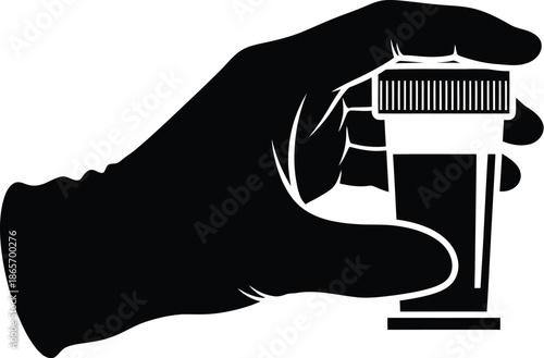 Urine samples for urinalysis medical test. Medical glove holding a plastic container filled with a yellow liquid, blood samples vector illustration silhouette. 
