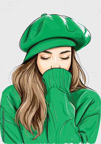 059-09-Woman covering mouth with sweater, wearing green beret and fashionable outfit