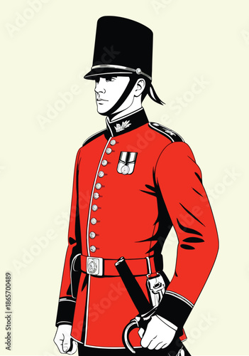 Fotografie 059-10-Royal guard standing in ceremonial red uniform with a bearskin hat and sw