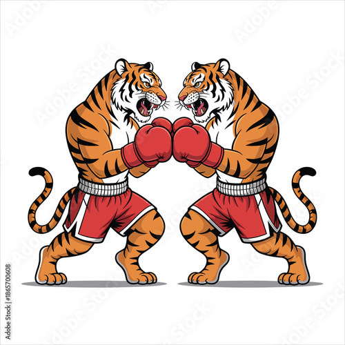 Two fierce cartoon tigers with boxing gloves and shorts are squaring off in an intense match on white