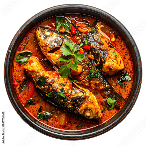 Kapenta fish stew, a traditional malawian and zambian dish with small, dried fish in a tomato and onion sauce, isolated on white background