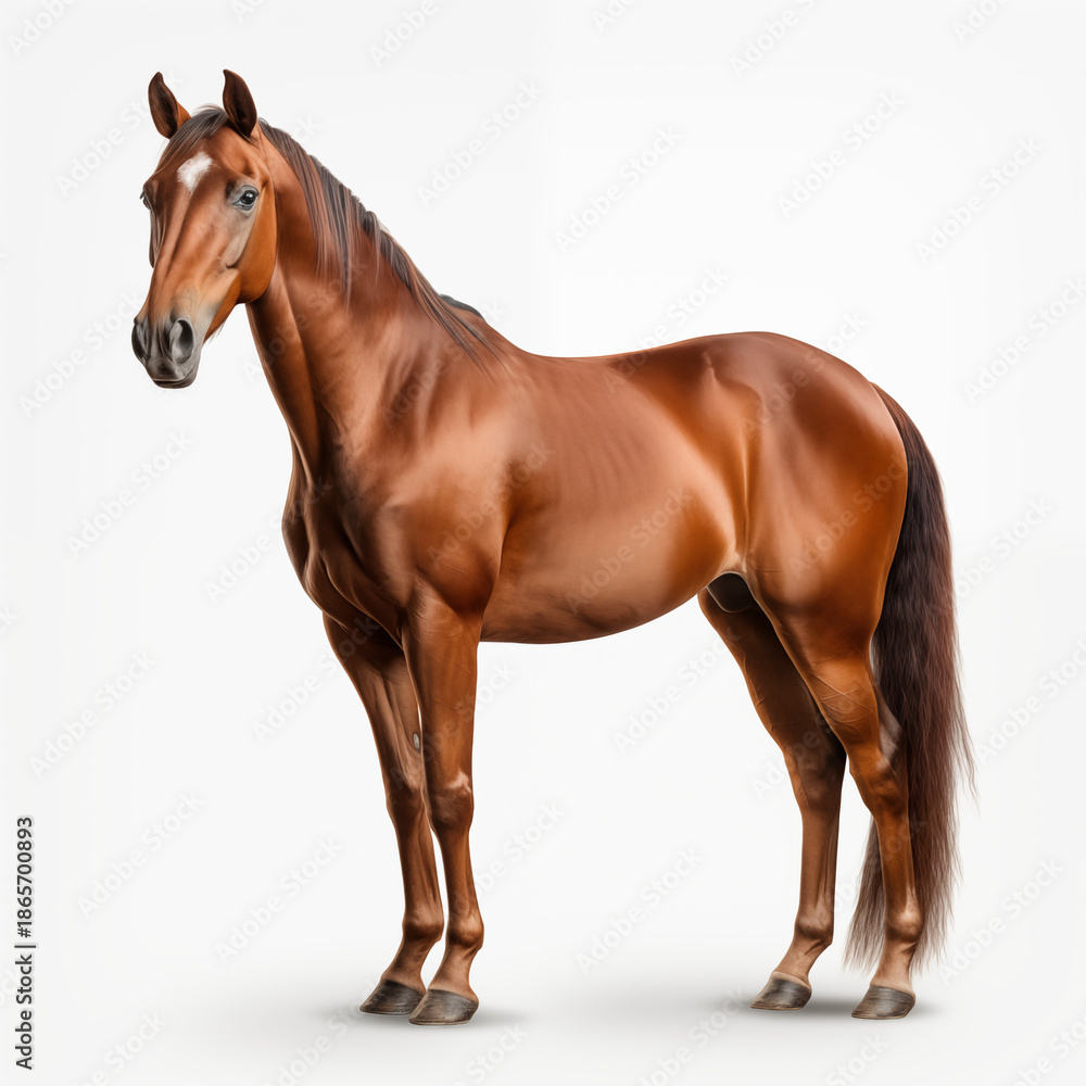 Obraz premium Majestic Bay Horse with White Blaze on White Background. Full Body Studio Shot of a Beautiful Brown Equine Animal, Ideal for Equestrian, Racing, or Nature-themed Designs.