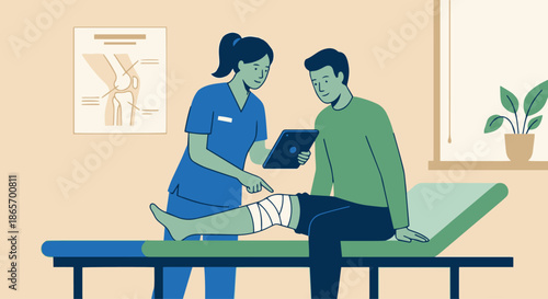 Physiotherapist Treating Knee Injury
A flat vector illustration of a physiotherapist examining and supporting a patient’s knee.