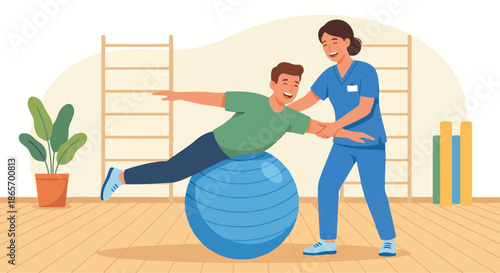 Physiotherapist Using Exercise Ball
A flat vector illustration of a physiotherapist guiding a patient using an exercise ball for balance training. Gym or rehab room setting with minimal equipment. 