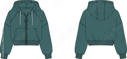 Cad drawing flat vector, cropped hoodie sketch, front back view, kangaroo pockets, zip-up design, fashion template, technical garment illustration