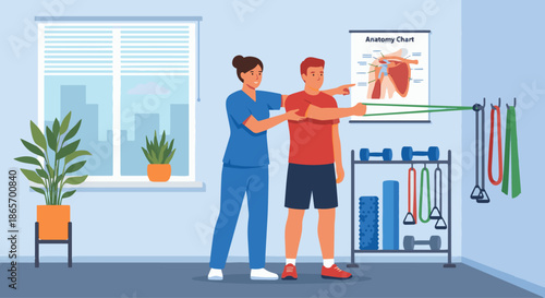Physiotherapist Providing Shoulder Therapy
A flat vector illustration of a physiotherapist assisting a patient with shoulder rehabilitation exercises. Resistance bands and therapy tools are visible. 