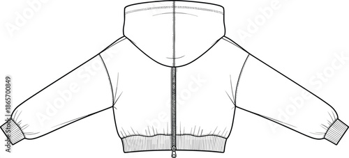 Hooded jacket technical sketch back view, fashion flat, garment construction, apparel design, black vector, clothing template, seam detail, casual outerwear, ribbed cuff, waistband