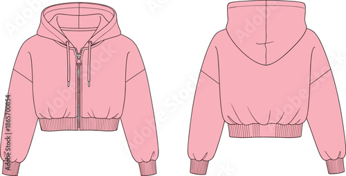 Pink cropped hoodie illustration, front and back view, fashion flat, casual wear, apparel design, clothing template, drawstring hood, elastic waistband, dropped shoulder, style sketch