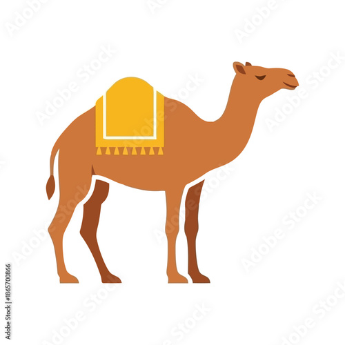 Ramadan camel vector illustration with yellow saddle isolated on white background