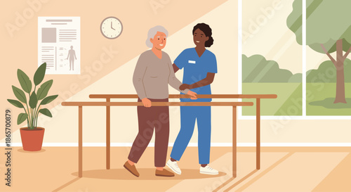 Physiotherapist Working with Elderly Patient
A flat vector illustration of a physiotherapist helping an elderly patient walk or exercise using support bars. 