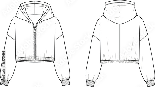 Cropped hoodie, zip-up sweatshirt, front view, back view, fashion, garment, apparel, vector, sketch, template, flat, technical, drawstring, ribbed cuff, hem, seam detail, construction 