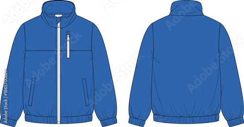 Cad drawing flat vector, technical fashion sketch, zip-up jacket front back view, garment template, apparel design, blue outerwear illustration