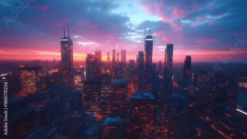 Dramatic cityscape at sunset with vibrant pink and blue hues the city buildings are illuminated by warm lights showing a gorgeous texture