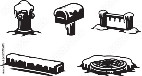 Winter Frozen Urban Infrastructure Silhouette Icons Set eps
