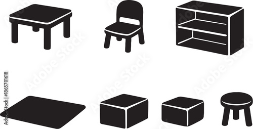 Preschool Classroom Furniture Silhouette Icon Set eps