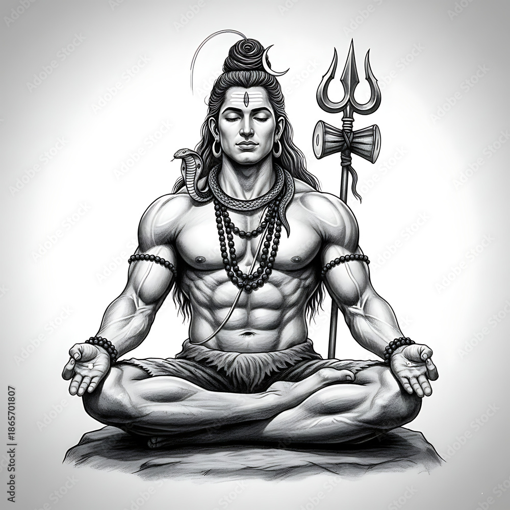 Fototapeta premium Shiva meditates peacefully in lotus position with serpent and trident