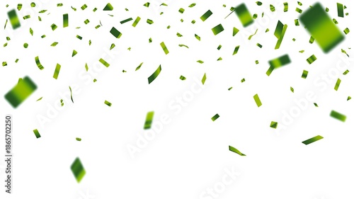 A celebration of green confetti falling in a white background