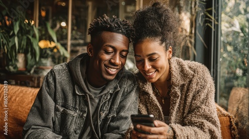 Happy couple enjoying time together with smartphone in cozy café