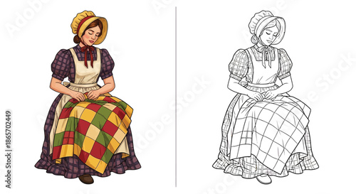 Traditional Dutch Girl With Patchwork Blanket and Clogs Detailed Cultural Illustration