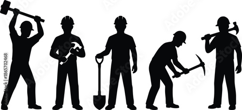 Large vector set of diverse professional silhouettes representing various occupations including medical, construction, service, and business career sectors