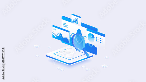 Stock market isometric of financial dashboard data analysis with line charts, and financial metrics in blue digital style.