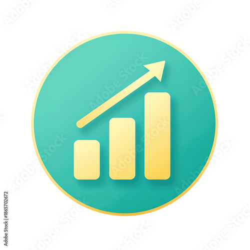 Yellow upward trending bar graph in a teal circle.