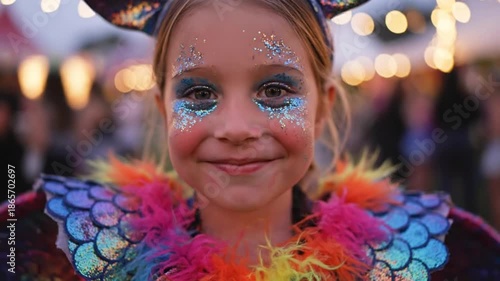 Young girl with sparkling glitter makeup and colorful costume at a vibrant festival