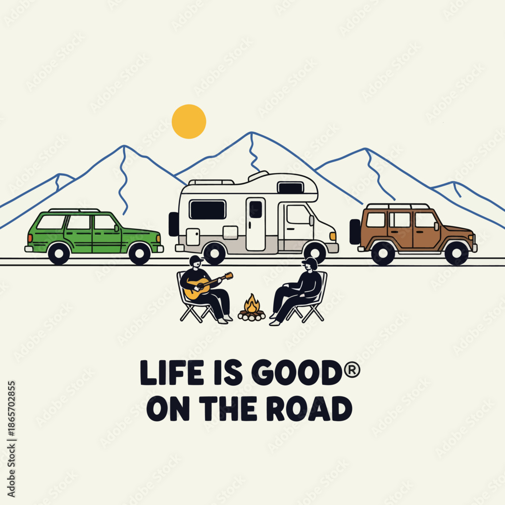 Obraz premium Happy camper van road trip illustration with mountains, campfire, cars and people relaxing outdoors, flat vector travel concept for adventure, vacation, freedom lifestyle design.