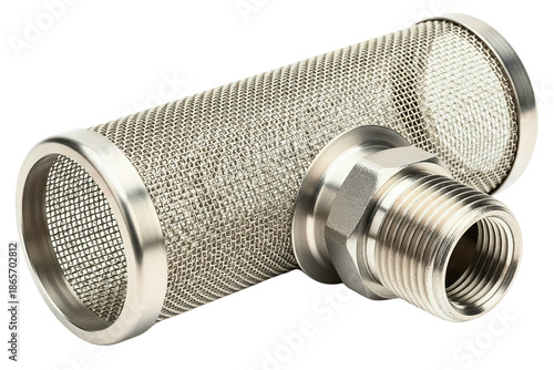 Stainless steel wire mesh cylinder filter with threaded pipe fitting on a transparent background