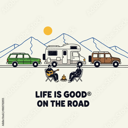Happy camper van road trip illustration with mountains, campfire, cars and people relaxing outdoors, flat vector travel concept for adventure, vacation, freedom lifestyle design.