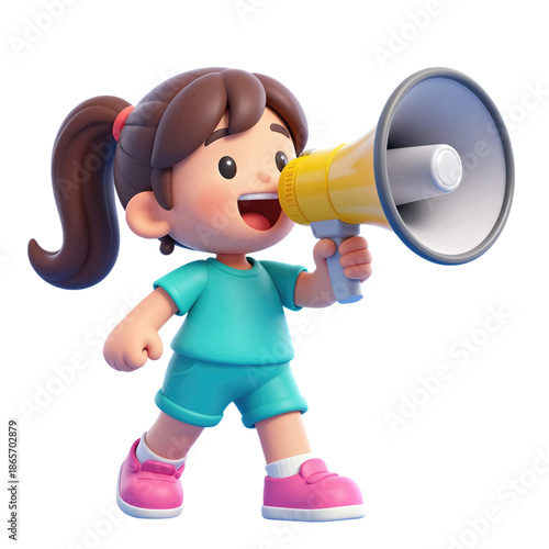 Young girl shouting into a yellow megaphone