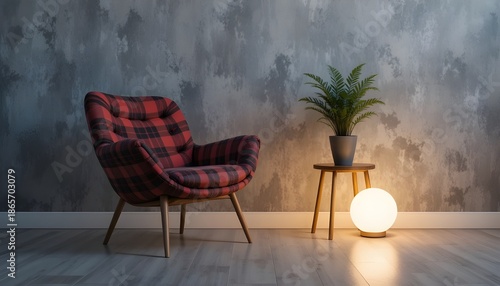 Modern armchair with plaid, potted plant on table, and glowing floor lamp against gray evening wall