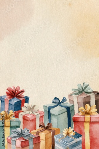 Watercolor gift boxes with colorful ribbons arranged at the bottom of a blank background for greeting card