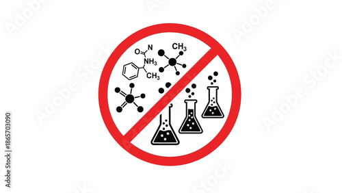 Prohibition sign clearly indicating the restriction against synthetic chemicals and laboratory apparatus like flasks suggesting a focus on natural or organic products development or usage protocols