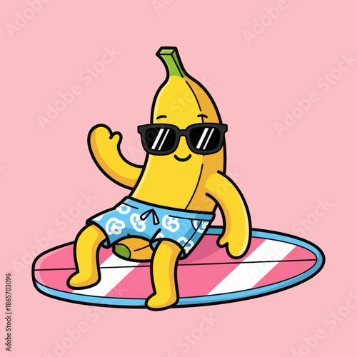 Cute cartoon banana surfing on a board with sunglasses and swim shorts, fun summer illustration style, playful tropical character perfect for stickers, kids designs, beach themes, and cheerful brandin