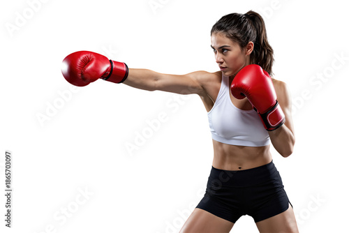 Young woman boxing with red gloves