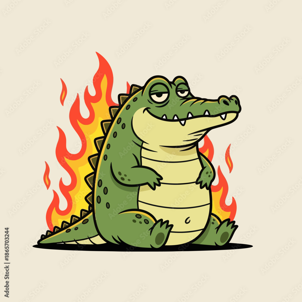 Naklejka premium Cute cartoon crocodile with green body and flaming tail sitting happily, fantasy monster character illustration, playful style for kids design, stickers, games, and branding.