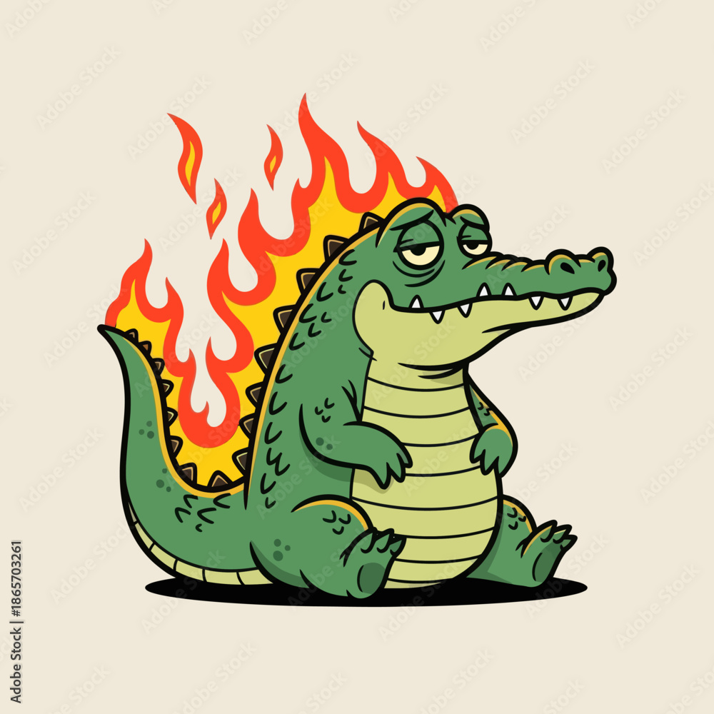 Obraz premium Cute cartoon crocodile with green body and flaming tail sitting happily, fantasy monster character illustration, playful style for kids design, stickers, games, and branding.